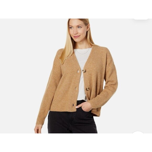 Madewell Cameron Ribbed Cardigan Sweater Tan Preppy Cozy  sz Small Wool Blend - Picture 1 of 9